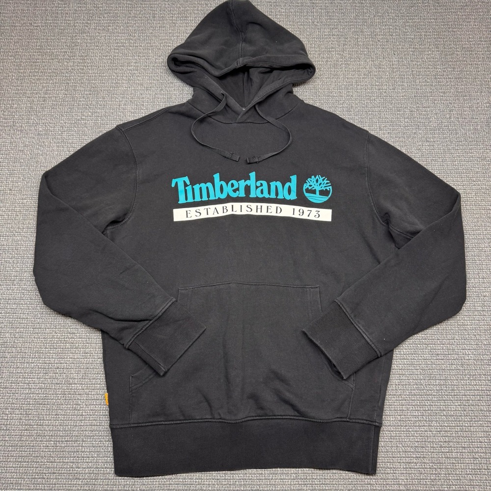 Timberland Mens Black Teal Logo Established 1973 Regular Fit Hoodie Small